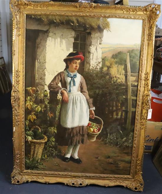 Johan Seyler (19thC.) Girl holding a basket of fruit standing beside a cottage door 43 x 30.5in.